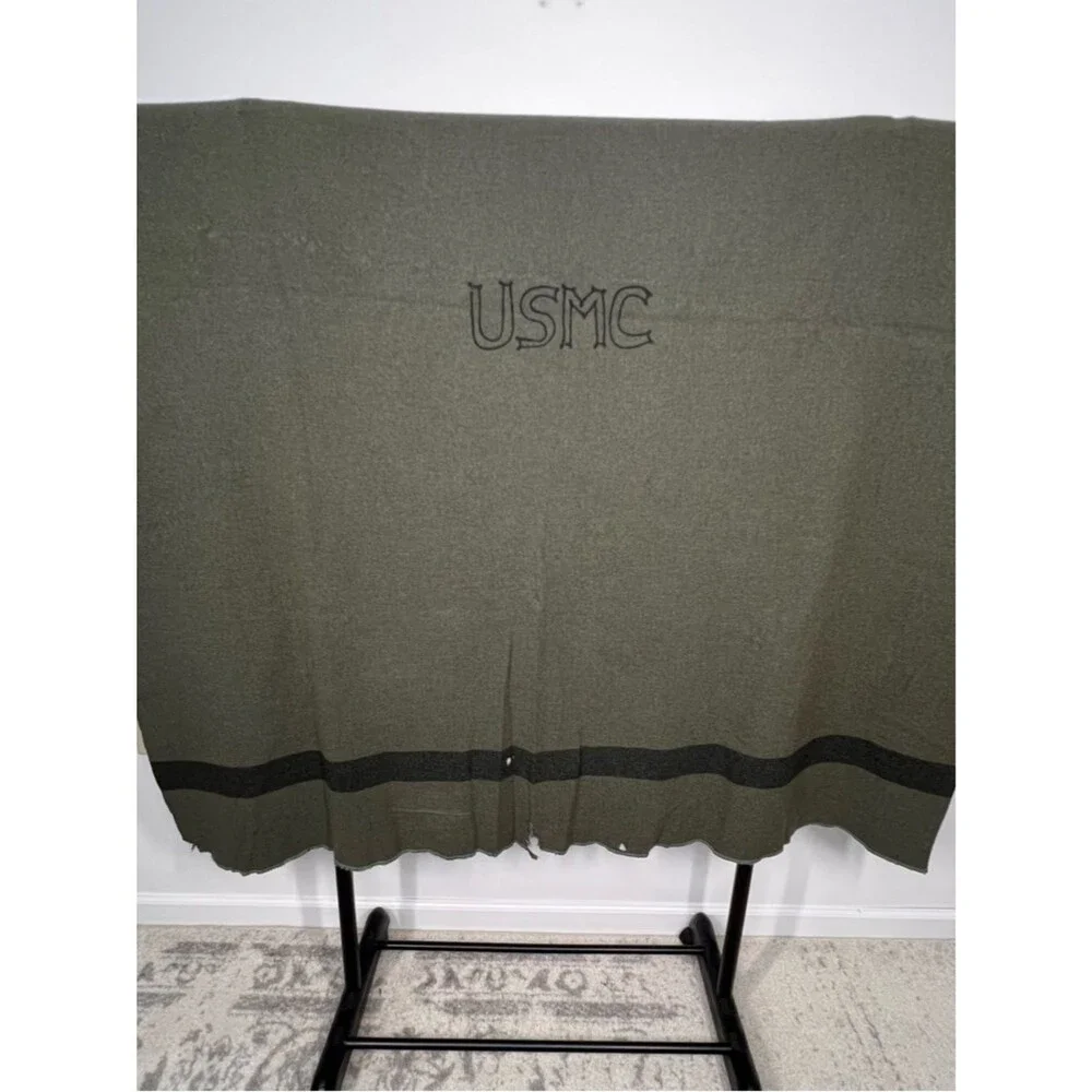 Vintage USMC Embroidered Wool Field Blanket Green Stripe 59” x 74”